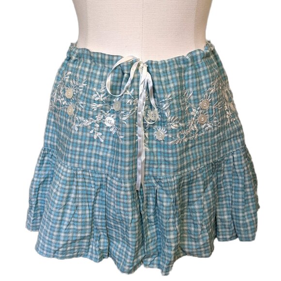 Vintage Y2K Blue Paid Mini Skirt Coquette Embroidered Ribbon Lined Button L - Picture 1 of 9
